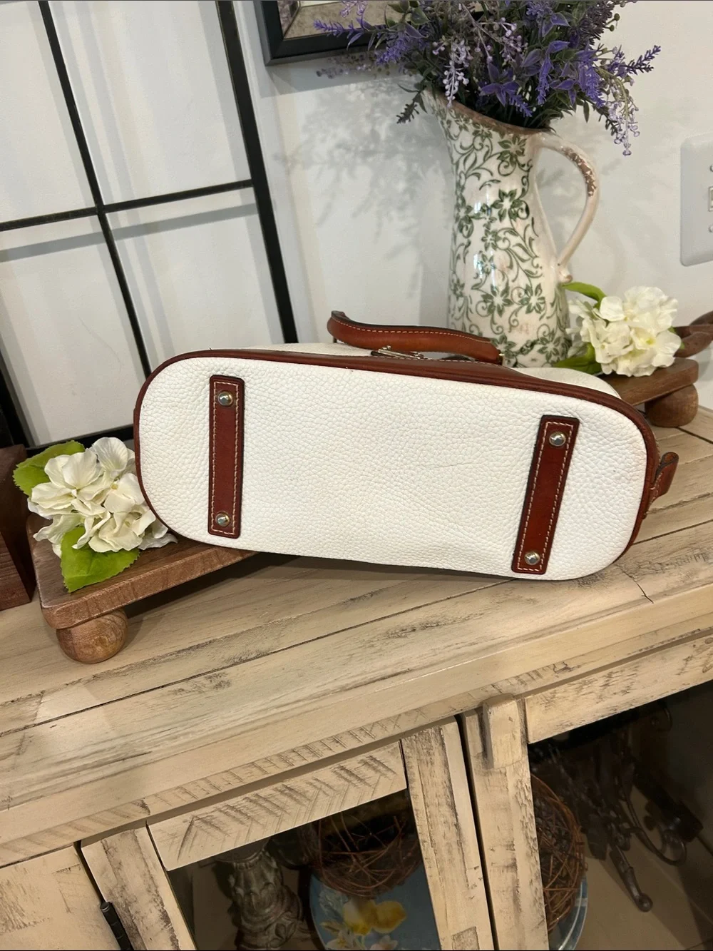Dooney & Bourke White Pebble Leather Satchel with Brown Trim and Handles